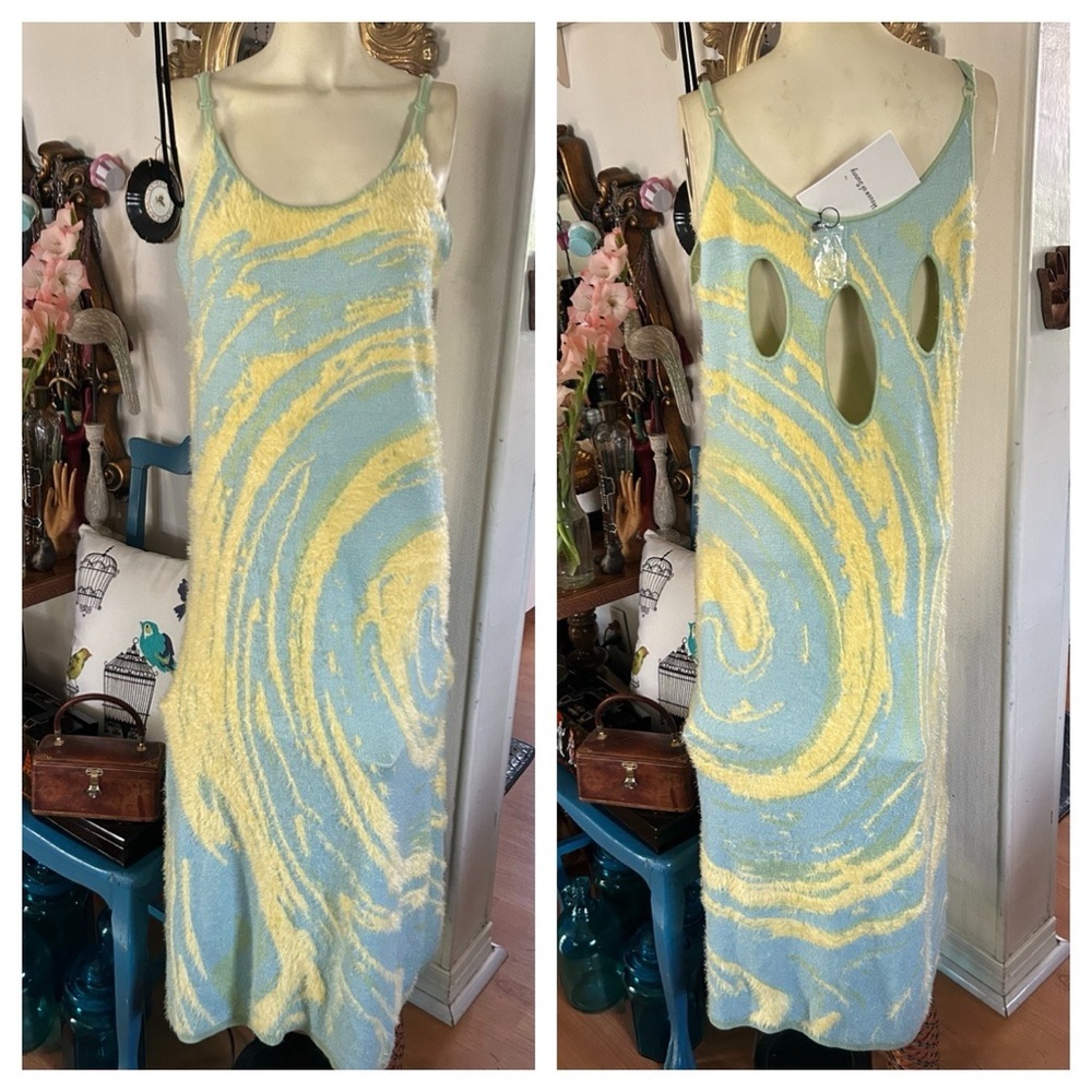 Lue and Yellow Spaghetti Strap Fuzzy Midi Dress